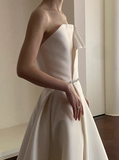 Elegant minimalist white off-shoulder satin floor-length wedding dress HZ1022