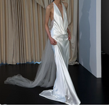 Simple French off-shoulder deep V-neck silk wedding dress with bare shoulders and back HZ1022