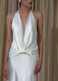 Simple French off-shoulder deep V-neck silk wedding dress with bare shoulders and back HZ1022