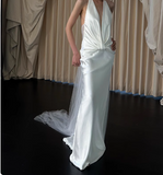 Simple French off-shoulder deep V-neck silk wedding dress with bare shoulders and back HZ1022
