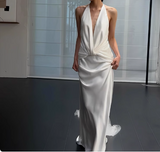 Simple French off-shoulder deep V-neck silk wedding dress with bare shoulders and back HZ1022