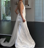 Simple French off-shoulder deep V-neck silk wedding dress with bare shoulders and back HZ1022