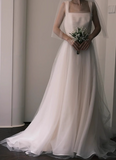 Simple strap white A-line sheer backless wedding dress HZ1022