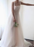 Simple strap white A-line sheer backless wedding dress HZ1022