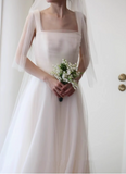 Simple strap white A-line sheer backless wedding dress HZ1022