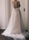 Simple strap white A-line sheer backless wedding dress HZ1022