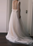 Simple strap white A-line sheer backless wedding dress HZ1022