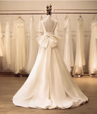 White princess strap satin backless bow high low wedding dress HZ1022
