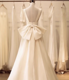 White princess strap satin backless bow high low wedding dress HZ1022