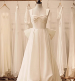 White princess strap satin backless bow high low wedding dress HZ1022