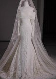 French lace off-the-shoulder white mermaid train wedding gown HZ1022