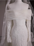 French lace off-the-shoulder white mermaid train wedding gown HZ1022