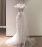 Elegant minimalist off-shoulder sheer white mermaid wedding dress HZ1022