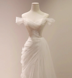Elegant minimalist off-shoulder sheer white mermaid wedding dress HZ1022
