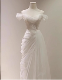 Elegant minimalist off-shoulder sheer white mermaid wedding dress HZ1022