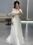 Elegant White One Shoulder Simple A-Line Tulle Wedding Dress HZ1022
