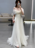 Elegant White One Shoulder Simple A-Line Tulle Wedding Dress HZ1022