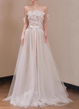 Elegant off-the-shoulder white lace tulle floor-length wedding dress HZ1022