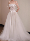 Elegant off-the-shoulder white lace tulle floor-length wedding dress HZ1022