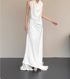 Simple halterneck white off-shoulder silk backless wedding dress HZ1022