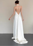 Simple halterneck white off-shoulder silk backless wedding dress HZ1022
