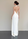 Simple halterneck white off-shoulder silk backless wedding dress HZ1022