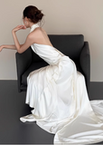 Simple halterneck white off-shoulder silk backless wedding dress HZ1022