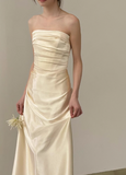 Simple champagne off-shoulder satin fishtail wedding dress with train HZ1022