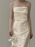 Simple champagne off-shoulder satin fishtail wedding dress with train HZ1022