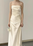 Simple champagne off-shoulder satin fishtail wedding dress with train HZ1022