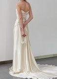 Simple champagne off-shoulder satin fishtail wedding dress with train HZ1022