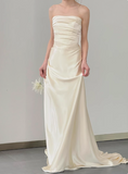 Simple champagne off-shoulder satin fishtail wedding dress with train HZ1022