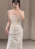 Simple Strapless Champagne Lace Mermaid Wedding Dress HZ1022