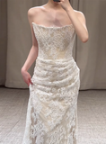 Simple Strapless Champagne Lace Mermaid Wedding Dress HZ1022