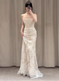 Simple Strapless Champagne Lace Mermaid Wedding Dress HZ1022