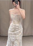 Simple Strapless Champagne Lace Mermaid Wedding Dress HZ1022