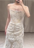 Simple Strapless Champagne Lace Mermaid Wedding Dress HZ1022