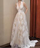 French Retro Lace Halter Off-shoulder Floor-length A-line Wedding Dress HZ1022
