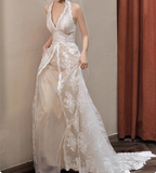 French Retro Lace Halter Off-shoulder Floor-length A-line Wedding Dress HZ1022