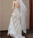 French Retro Lace Halter Off-shoulder Floor-length A-line Wedding Dress HZ1022