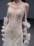 Dreamy White Mermaid Off-the-shoulder Beaded Tulle Wedding Dress HZ1022