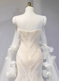 Dreamy White Mermaid Off-the-shoulder Beaded Tulle Wedding Dress HZ1022