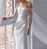 White Elegant One Shoulder Lace Silk Satin Wedding Dress HZ1022