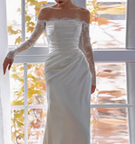 White Elegant One Shoulder Lace Silk Satin Wedding Dress HZ1022