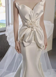 French Elegant White Strapless Chic 3D Flower Mermaid Satin Wedding Dress HZ1022