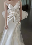 French Elegant White Strapless Chic 3D Flower Mermaid Satin Wedding Dress HZ1022