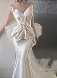 French Elegant White Strapless Chic 3D Flower Mermaid Satin Wedding Dress HZ1022