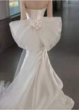 French Elegant White Strapless Chic 3D Flower Mermaid Satin Wedding Dress HZ1022