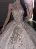 Shining Starry Sky Heavy Industry Halter Neck Princess Tulle Floor-Length Wedding Dress HZ1022