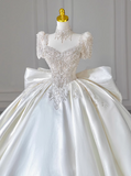 French Retro Satin Beaded Short Sleeve Bow Floor-Length Wedding Dress HZ1022